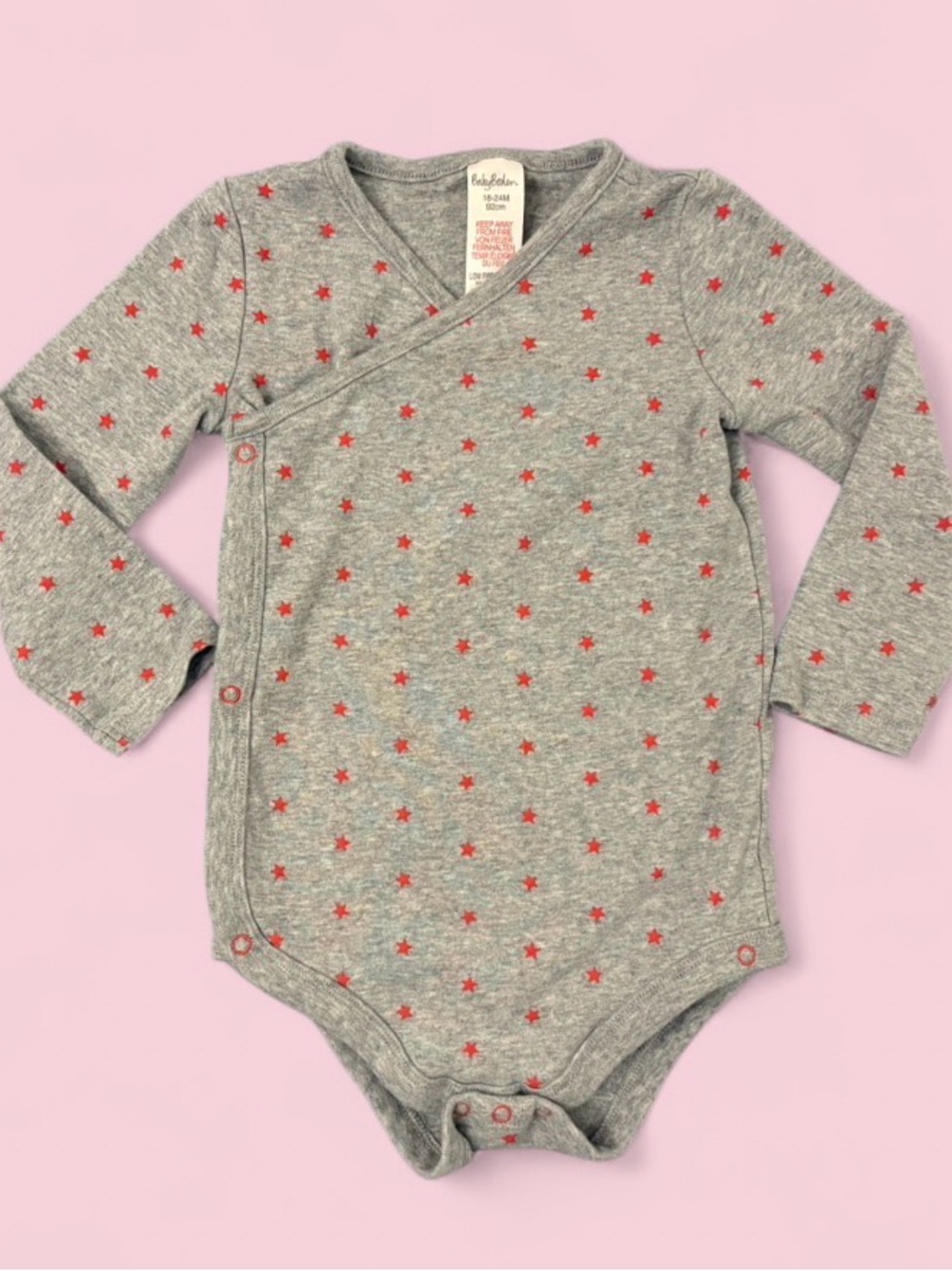 Baby Boden Grey Long-Sleeve Wrap One-Piece with Red Star Print Sz 18-24m